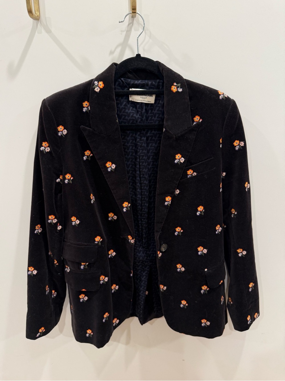 Zadig & Voltaire Black Velvet Blazer with Orange & White Floral Embroidery